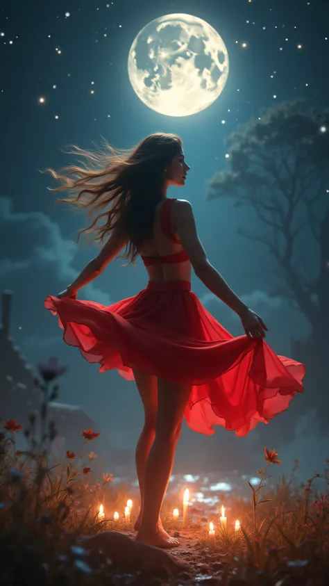 A beautiful woman with long legs, looking in a short red skirt, dances and invites you to come dance. It is dusk, the moon is shining, the sky is starry