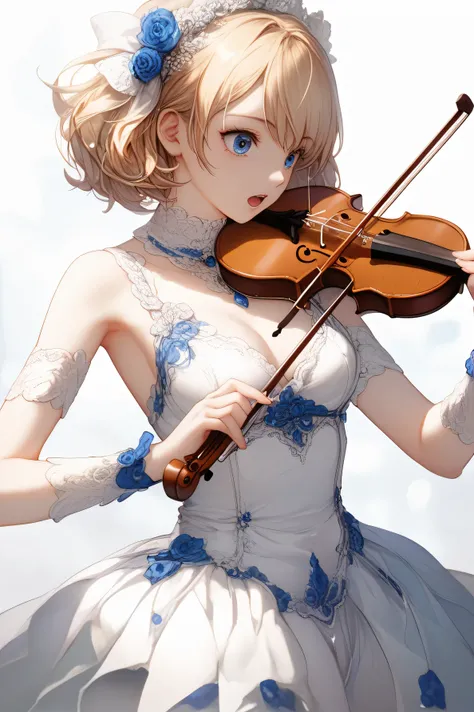 Anime girl playing violin with short blond hair and blue eyes , high resolution,  Masterpiece, 最High quality ,  anatomically correct,  won numerous awards ,  DETAILS ,  high details ,  quality,  high definition model, High quality ,  very detailed,  ,  Ape...