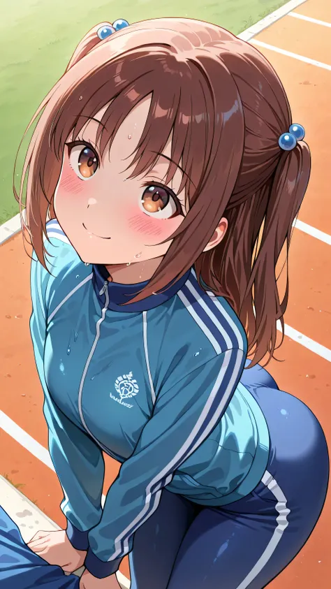 masterpiece, Highest quality, Ultra-high resolution, (beautiful girl: 1.3), (Blue sweatpants: 1.3), (blue track jacket.: 1.3), Big round shapely ass、((Waterways with dazzling sunsets))、A little wet, very big and round,smile, closed mouth,blush,Leaning forw...