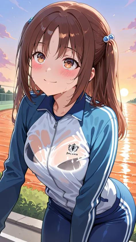 masterpiece, Highest quality, Ultra-high resolution, (beautiful girl: 1.3), (Blue sweatpants: 1.3), (blue track jacket.: 1.3), Big round shapely ass、((Waterways with dazzling sunsets))、A little wet, very big and round,smile, closed mouth,blush,Leaning forw...