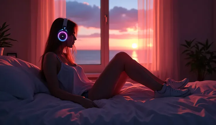 Sexy and beautiful gamer girl in her late twenties. She has a slim and toned body. She has long and sexy legs. She is wearing a top and shorts. She is wearing sneakers. She is lying on the bed. She has glowing headphones around her neck (no cable). She is ...