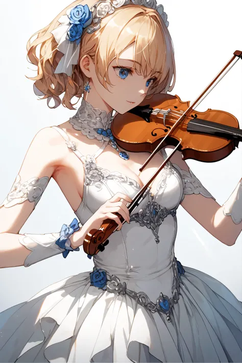 Anime girl playing violin with short blond hair and blue eyes , high resolution, Masterpiece, 最High quality , anatomically correct, won numerous awards , DETAILS , high details , quality, high definition model, High quality , very detailed, , Ape...