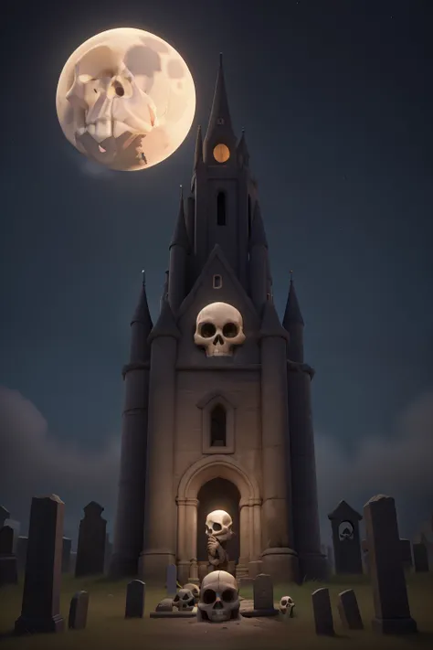 create an image of (((exu skull))) inside a cemetery, with a sinister castle in the background, and several tombs and a big moon in the background, and a dense fog that takes over the entire atmosphere of a night of terror create this image in pixel 3d car...