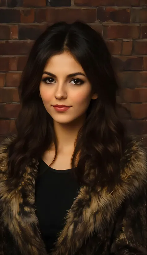 VictoriaJustice, extremely detailed, highres, brick wall background, beautiful detailed woman, light on face, cinematic lighting, looking at viewer, POV, fur coat, black top, portrait, smile, perfect face, solo, oil painting.