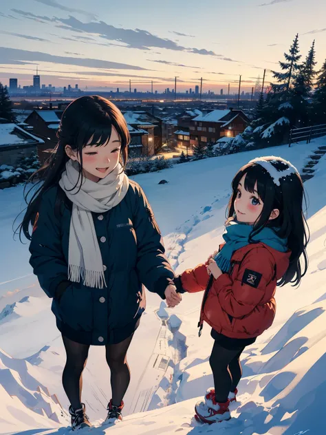   masterpiece，  top quality，(  cute little sow  ，Flat shade       )， fisheyecute sophisticated glass ，   beautiful black hair  ，fisheyecute young mother and cute daughter      高台の  people looking down on the winter city from the park garden 々 々 :1.2，      ...