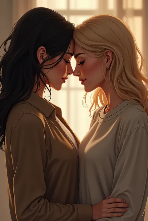 create an image of two women in love with their foreheads leaning against each other, one with black hair and with businesswoman clothes and the other blonde dressed in a sweatshirt