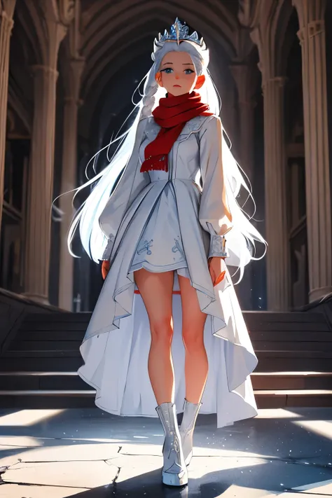 Weiss is a pale-skinned girl with light blue eyes and white hair, which she often pulls back in braids or ponytails. She has a long vertical scar across her left eye. She commonly wears ornate tiaras and regal dresses, usually consisting of whites, blues, ...