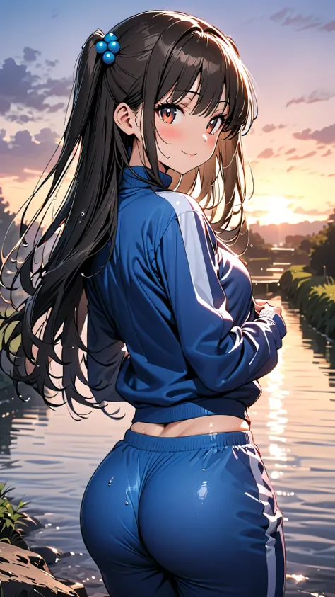 masterpiece, Highest quality, Ultra-high resolution, (beautiful girl: 1.3), Black Hair,swept bangs ,Looks like a ,(Blue sweatpants: 1.3)、 (The jacket is a blue track jacket.: 1.3), back view,Big round shapely ass,A waterway with a dazzling sunset,A little ...