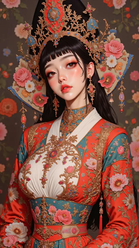 8k, masterpiece, highest quality, Korea's Beautiful Women, red lips, dark hair, flower headdress, tasele earrings, floral kimono, vibrant colors, strapless dress, colorful jewelry, elegant pose, colorful flower background,