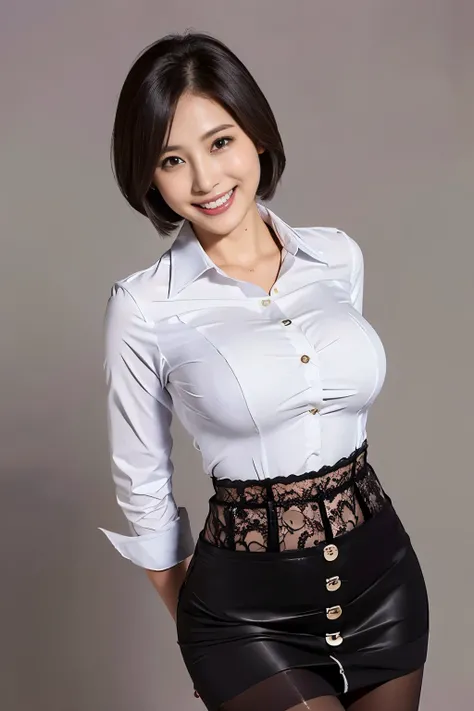 1girl, Cowboy Shot, standing, short Hair, (huge-breasted:1.3), , (arched back:1.1), (pencil skirts), (Tight Lace business shirt:1.2), (elegant smile:1.4), (Long-boots:1.4), (button gap:1.2), (pantyhose:1.2),