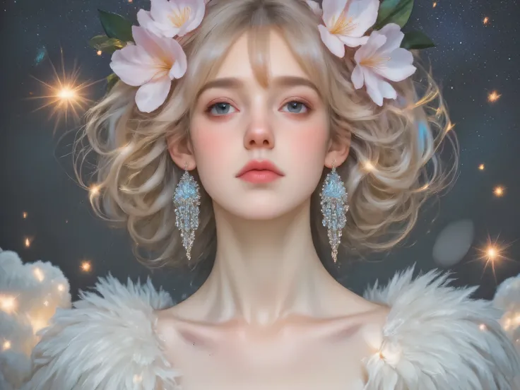 victorian-inspired hyperrealistic close-up portrait of a beautiful young woman with curly blond hair and bangs, freckles, doves and several pairs of soft white wings covering her shoulders and white feathers. Magnolias on her hair. 