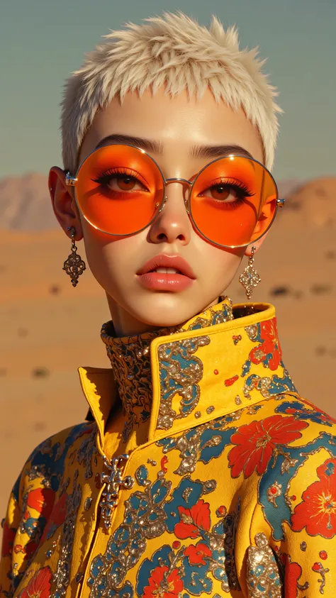 8k, masterpiece, highest quality, Korea's Beautiful Women, vibrant orange round sunglasses, platinum blonde pixie haircut,  colorful patterned outfit, yellow collar, ornate earrings, sunlit warm tones, desert background, high contrast, detailed fabric text...