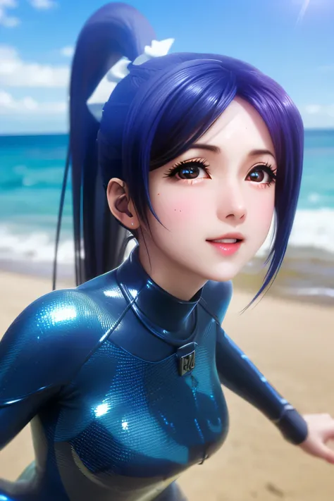  perfect anatomy　 best quality, highest resolution,((( shiny wetsuit　Shiny blue hair　 shiny skin　 ponytail)))　Love Live！ sunshine!!　Matsuura Kanan 　coastal