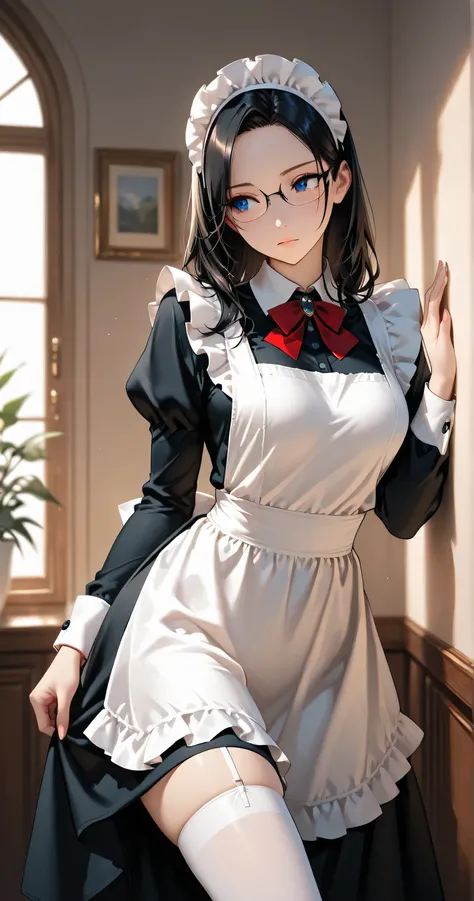 insanely detailed,
She is beautiful.
She is standing,
upper body, front view,
She wearing a classical Maid,
apron dress, Frills, Maid apron, Maid headdress, Mary Jane, (black long dress), (white thigh-high socks), (black frame under-rim glasses), ...