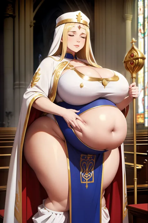 ((masterpiece, best quality:1.4,extremely detailed, detail face)), illustration, 8k, hd, 1female, tall lady, older woman, mature female, long hair, blond hair, closed eyes, flowing white robes adorned with ancient religious symbols and patterns, ceremonial...