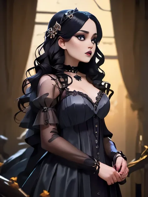 a woman in a dress with skulls, gothic art style, lovely dark autumn princess, beautiful vampire queen, gothic horror vibes, dark fairytale, an elegant gothic princess, witch fairytale, snow white, gothic style, gothic art, gothic maiden, gothic aesthetic,...