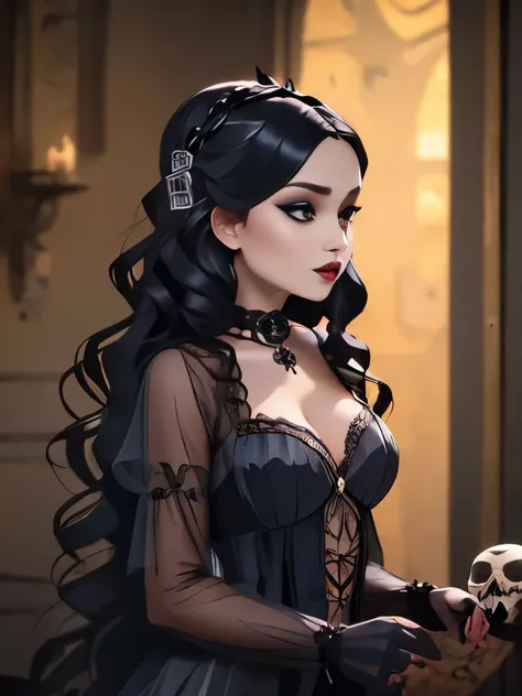 a woman in a dress with skulls, gothic art style, lovely dark autumn princess, beautiful vampire queen, gothic horror vibes, dark fairytale, an elegant gothic princess, witch fairytale, snow white, gothic style, gothic art, gothic maiden, gothic aesthetic,...