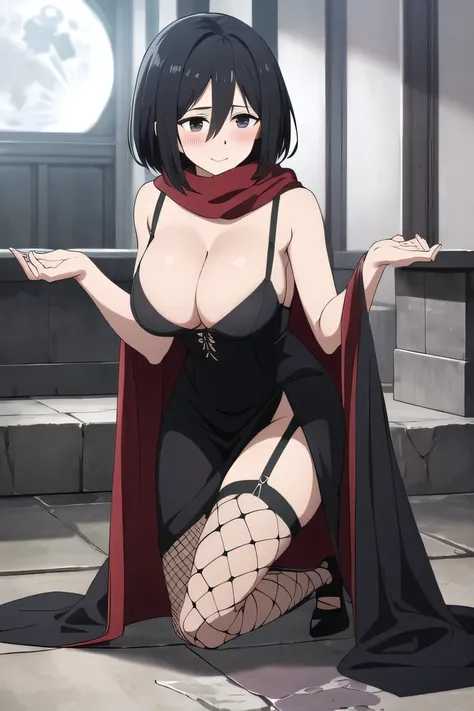 masterpiece, best quality, highres, hmmikasa, short hair, black eyes, scarf, red scarf, large breast, eyelashes, in a scandalously plunging black velvet gown, cut so deep it’s just fabric clinging to her curves, matched with satin garters and fishnet stock...