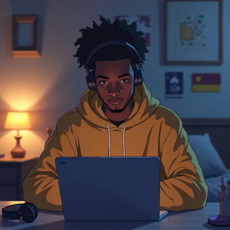 anime black boy de 21 ans écoute musique casque sur la tête dans ça chambre assie sur son bureau devant un pc  portable