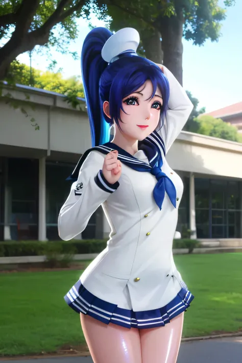  perfect anatomy　 best quality, highest resolution,(((shiny sailor uniform　Shiny blue hair　 shiny skin　 ponytail)))　Love Live！ sunshine!!　Matsuura Kanan 　School