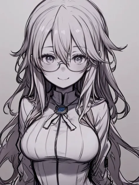  Line Art、 Line Art 、 sketch、Sketch、(( one woman))、２０age、 Smile、 upper body、Big Breasts、hair between eyes、Glasses、 long hair、