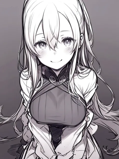 Line Art、 Line Art 、 sketch、Sketch、(( one woman))、20age、 Smile、 upper body、Big Breasts、hair between eyes、 long hair、
