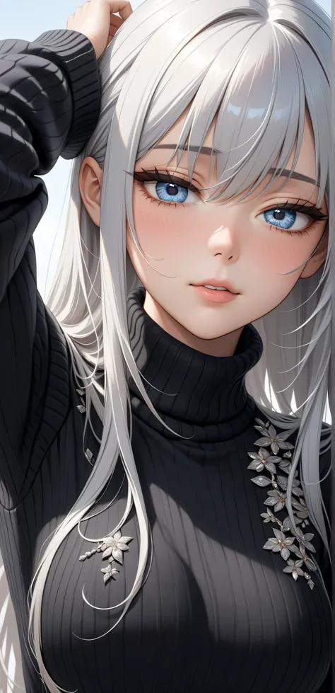 upper body,  Random Sexy pose , ((Ultra detailing)), (very aesthetic, best quality, ultra detailed), intricate details, 1girl, silver hair, silver eyes,((Detailed eyes)), ((Beautifull eyes)), ((prefect eyes)), ((Ultra detailing eyes))  sharp jawline, long ...