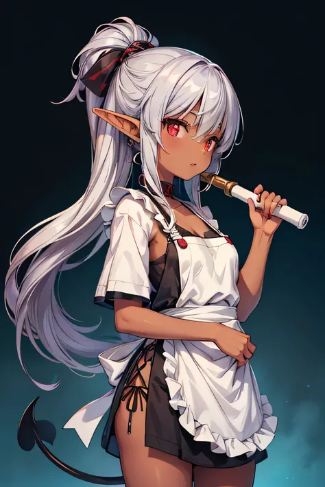 She has very dark brown skin like a dark elf.
A side view of her.
She is wearing an apron and holding a frying pan, frying fried eggs.

An anime-style girl has very dark brown skin like a dark elf, and long, straight purple and silver hair tied in a single...