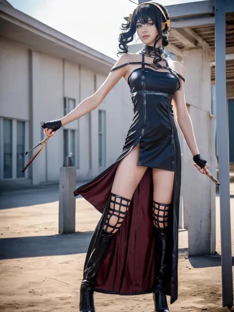 ((Yoro Cosplay)), ((A very cute white girl is cosplaying as you, Stand on the side of the road), 1 girl, Wide range photograph shooting, Wide range, Long and beautiful face, Clear Face, ((Hot body)), ((Your dress)), ((Spy X Family)), ((Assassin Suit Dress)...