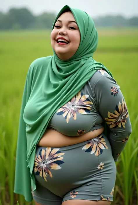 (Fat body) "Facial expression in Happy Tongue Orgasm", Wearing flora print hijab, Skinny hijab skinny hijab skinny hijab skinny hijab, (photorealistic:1.6) (Indonesian green Fluorescent hijab skinny dry aunty wear bra and (mini tiny tights Hotpants), backg...