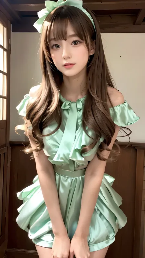 (((Top Quality))), (((Masterpiece))), (((Detail))), tall, looking at camera, face-to-face, mint green shiny silk satin ruffle girly empire length wedding dress, hands thrust forward, Japanese, brown hair, long hair, gorgeous room,. Gorgeous ribbon hair acc...