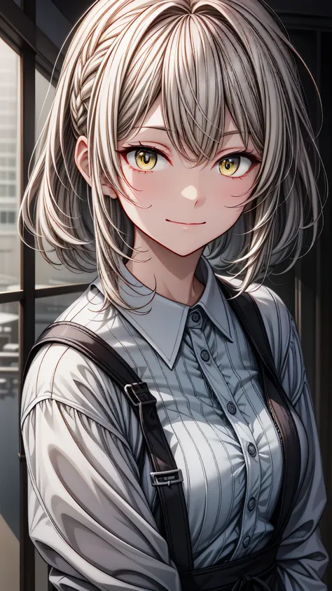 [[[ ultra-detailed, best quality, soft skin, beautiful face, masterpiece, close-up, modern setting, anime]]] white_hair, yellow amber_eyes, elegant soft, gentle, smiling, casual_fashion, short_hairstyle, [[[mature2.1]]]