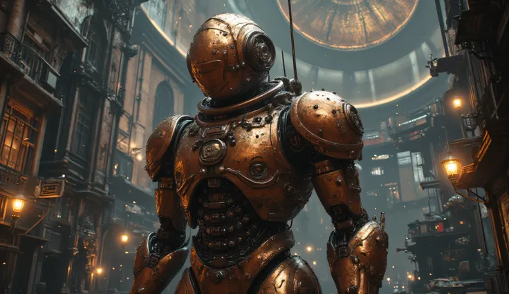 A huge combat humanoid copper robot with black elements. It looks like a nineteenth-century diving suit. He walks through a creepy retrofuturism-style city. The dome covers the city. the city is under water. The copper city. dark lighting. horror