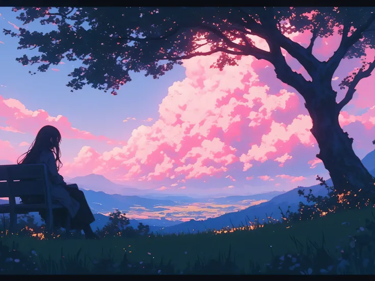  a melancholic anime scene ,  long-haired woman sitting on a bench just below the silhouette of a tree looking at the giant pink clusters that resemble cotton candy,  dark green foreground with grass and small flowers , , Distant Hills ,  serene atmosphere...