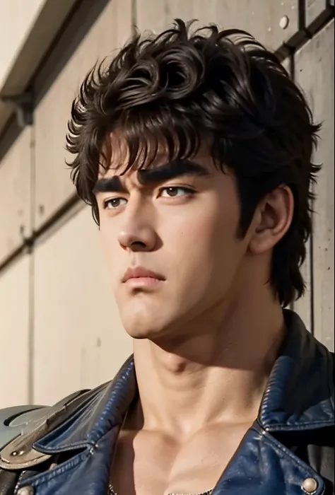 Kenshiro's Hairstyle , short disheveled hair, Brown Hair, thick eyebrows, 、