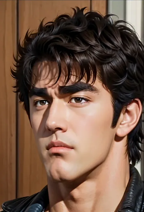 Kenshiro's Hairstyle , short disheveled hair, Brown Hair, thick eyebrows, 、