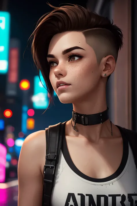 Cyberpunk Setting: A cool androgynous female streetkid with a undercut. Looking androgynous. Tomboy. Smart. Funny. Happy. Confident. Extremly pale skin with freckles. A rather slim but athletic body. Tomboyish look. Small breasts. Flat chest. Very thin eye...