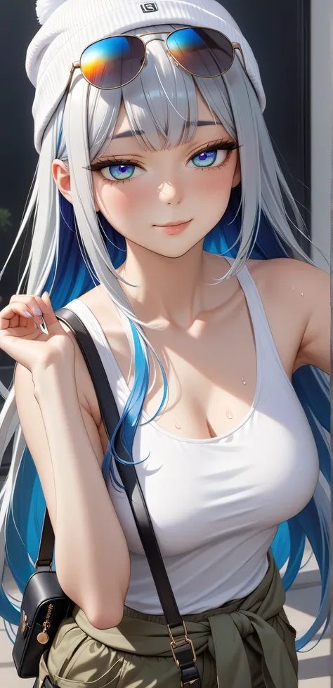 upper body,  Random Sexy pose , ((Ultra detailing)), (very aesthetic, best quality, ultra detailed), intricate details, 1girl, ((long hair, silver hair, blue inner hair)), ((Multi colour eyes)), ((Detailed eyes)), ((Beautifull eyes)), ((prefect eyes)), ((U...