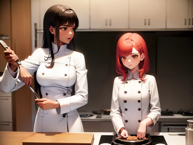 Two brown-skinned women with a white coat of cooking ,  one with short red hair and the other with long black hair