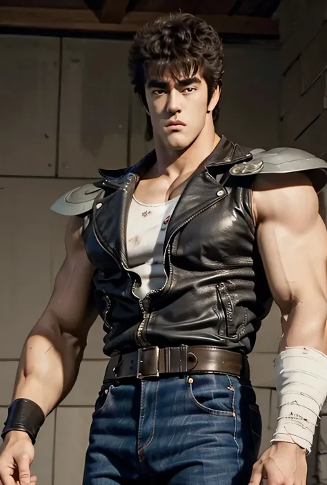 Kenshiro's Hairstyle , short disheveled hair, Brown Hair, thick eyebrows, 、