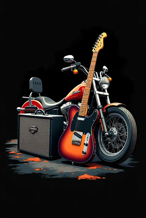 a Fender guitar supported by an amplifier next to a Harley Davidson, Stylized, for a shirt design, few colors, ((( black background)))