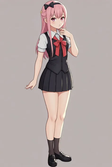 Anime girl long pink hair, pink eyes, black bow in your hair, uniform with black skirt, short white sleeves and black vest and large red ribbon,  short black socks 