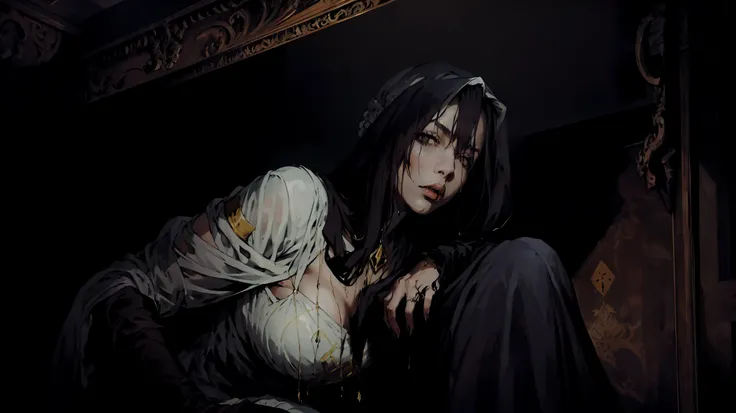 A professional gothic horror photograph, a bewitching vampire maiden, solo, cool, well-favored, extremely delicate and beautiful ,detailed face, perfect eyes, perfect nose, perfect lips, pale skin, detailed Bald, detailed Fiery , (wind effect:1.5), super m...