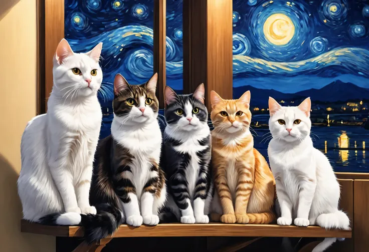 Starry night picture of five cats sitting on a bench and looking at the stars, Fine Art Paintings by Jan J,  shutterstock,  furry art,  猫だらけの夜 starry sky  , in the  starry sky の夜, Cat Conference, Cat masterpiece,  Beautiful Picture of a Friend  ,  Van Gogh...