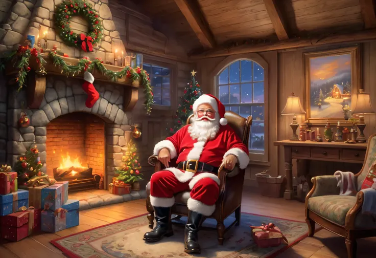 a painting of a Santa claus sitting in a chair in front of a fireplace, Santa's workshop, Santa inside a rustic barn,  Senior Artist ,  cozy and enchanting scene, ( (  Thomas Kinkade ) ),  Christmas night,  Thomas Kinkade painting,  Thomas Kinkade.  cute c...