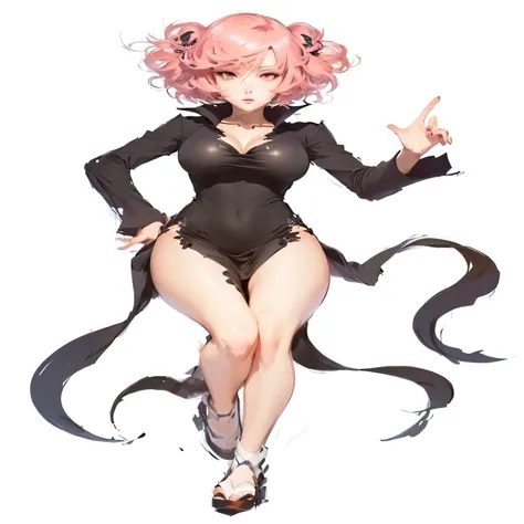 a drawing of a natsuki ddlc with short pink hair, with pink eyes, tatsumaki, tatsumaki one punch man, anime woman fullbody art, anime character; full body art, character is in her natural pose, anime girl wearing a black dress, hands behind her body pose!,...