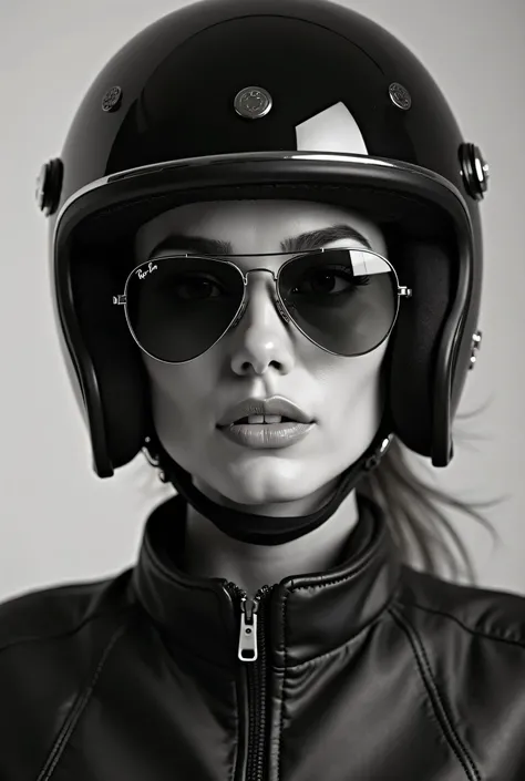 beautiful woman wearing a biker helmet, using a Ray-Ban aviator,  focus on the face, black and white,
