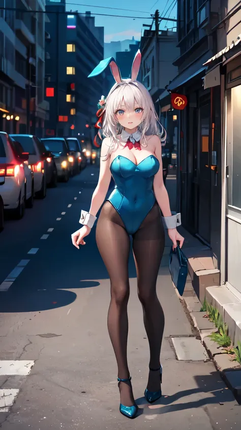 realistic image, detailed image, coherent image, 1 girl, white hair, curvy body, medium breasts, Focus soft, cowboy shot, Dramatic shadows, Volumetric lighting, natural lighting, Alisa Mikhailovna Kujou, full body, street corner, bunny ears, detached colla...