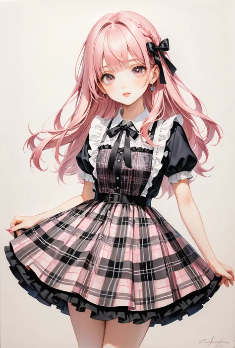   one girl、Colored pencil drawing 、draft 、art、 pink hair color　 black ribbon　 plaid dress　 frill shirt 