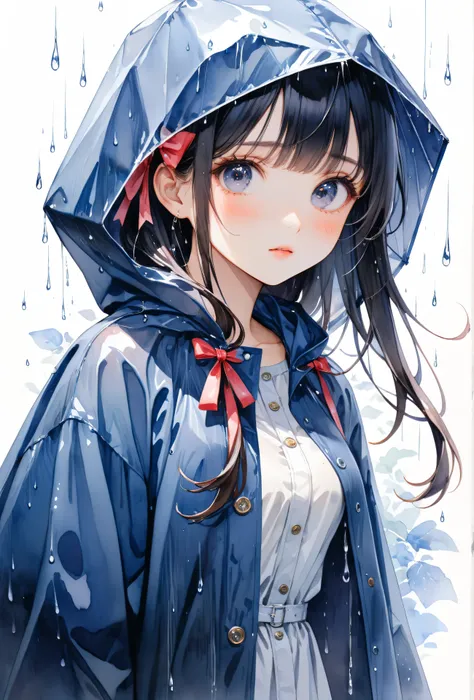   one girl、 watercolor、art、 ribbon hair ornament 　 wearing a raincoat、rain